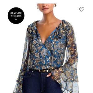 Aqua Metallic Floral Tie-Front Blouse - Blue and Gold